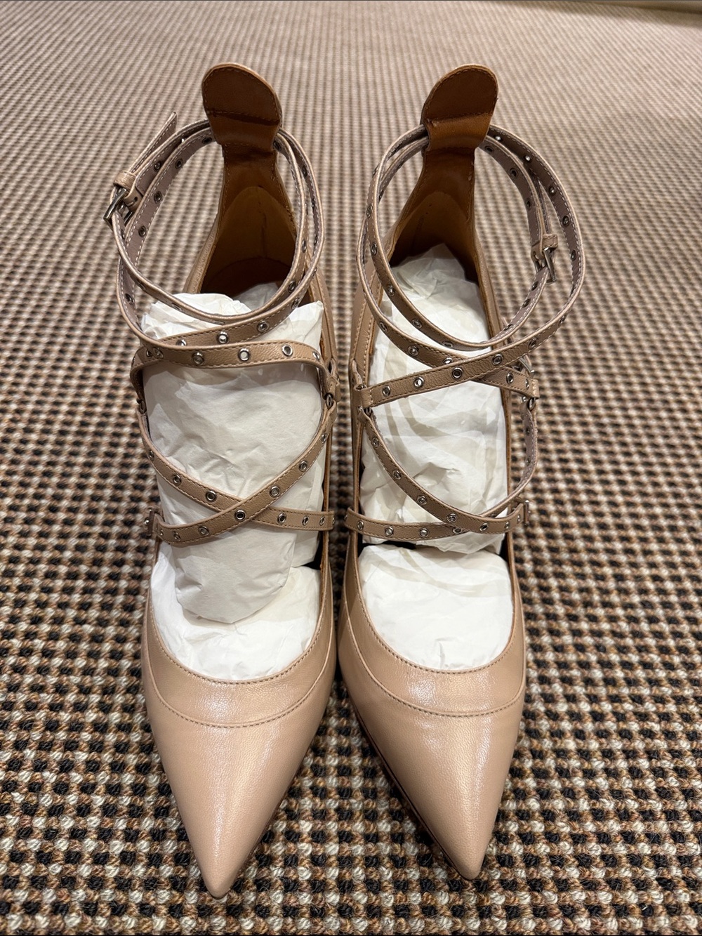 Valentino Nude Beige Studded Strappy Pointed-Toe Heels